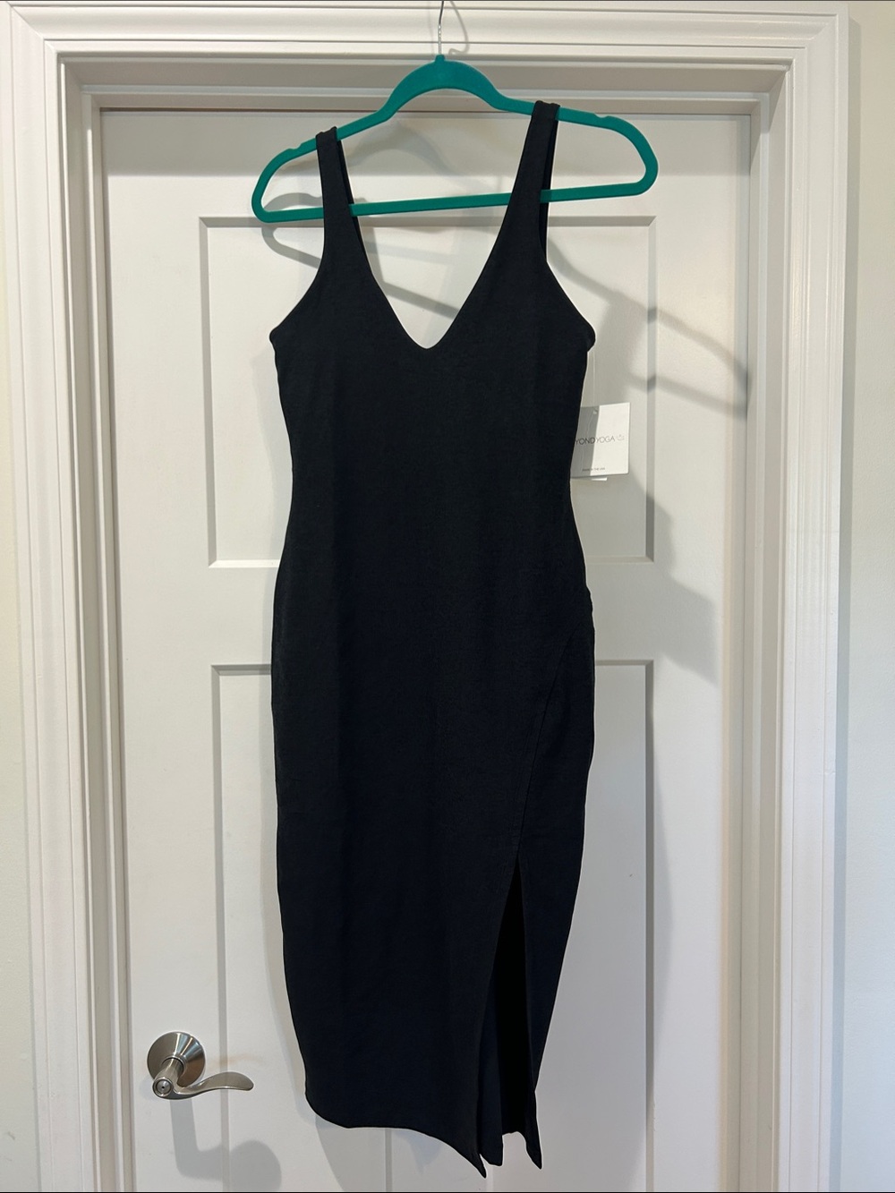 Beyond Yoga Black V-Neck Midi Dress with Front Slit